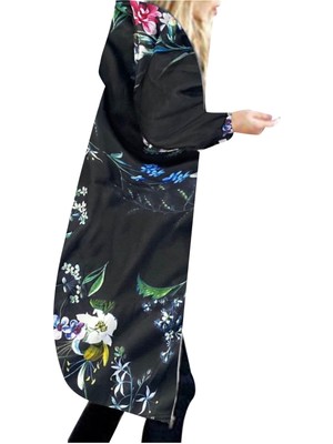 Hong Store Kadınlar Sıcak Hoodie Çiçek Baskı Fermuar Pamuk Karışımı Hırka Ceket Uzun Kabanlar (Yurt Dışından)
