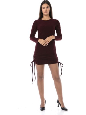 Camenta Bordo Büzgü Detaylı Kaşkorse Elbise