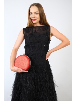 Nazart Kadın Kum Sim Kırmızı  Abiye Clutch Portföy Kadın Gece Çantası