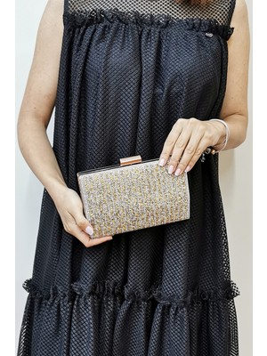 Nazart Kadın Cizgili Taşlı Altın Abiye Clutch Portföy Kadın Gece Çantası