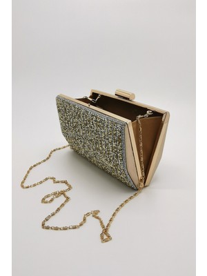 Nazart Kadın Cizgili Taşlı Altın Abiye Clutch Portföy Kadın Gece Çantası