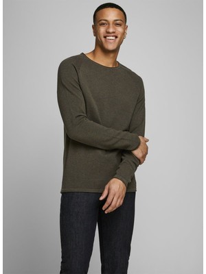 Jack & Jones 12157321_Jjehill Knit CrewNeck Noo O Yaka Uzun Kollu Normal Kalıp Düz Koyu Yeşil Erkek