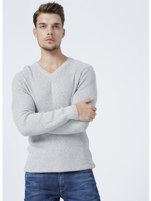 Fabrika V Yaka Basic Gri Melanj ErkekKazak - BUTTON-Y