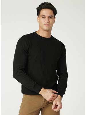 Limon Aldi Siyah Bisiklet Yaka BaaklavaDesenli Erkek Kazak