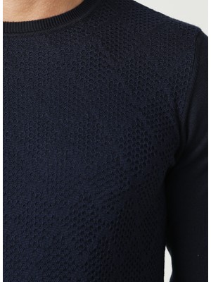 Limon Tesco Bisiklet Yaka Standart Kalıp Baklava Desenli Lacivert Erkek Kazak