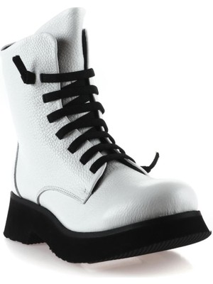 Bueno Shoes Beyaz Flotter Deri Kadın Düz Bot