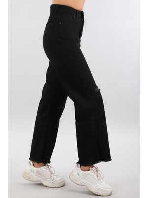 Arlin Kadın Yüksek Bel Palazlı Yırtık Model Bol Paça Siyah Lazer Yırtıklı Pantolon