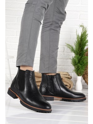 Woggo P01 Kırışık Deri Termo Taban Erkek Günlük Bot Ayakkabı Siyah
