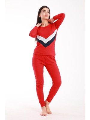 Pemilo Kadın 4912 Desenli Manşetli Pijama Takım Kırmızı