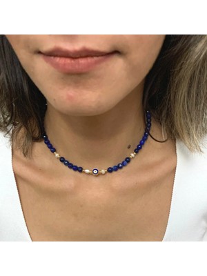 Suerte Accessories Lapis Lazuli Doğal Taşlı Mallorca Inci Motifli Gold Nazar Aksesuarlı El Yapımı Kolye