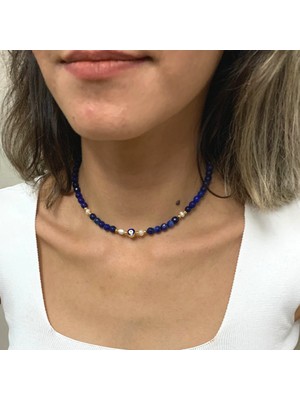 Suerte Accessories Lapis Lazuli Doğal Taşlı Mallorca Inci Motifli Gold Nazar Aksesuarlı El Yapımı Kolye