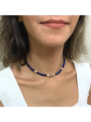 Suerte Accessories Lapis Lazuli Doğal Taşlı Mallorca Inci Motifli Gold Nazar Aksesuarlı El Yapımı Kolye