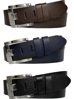 GoDeri  Deri 3'lü Geniş Dilli Set Siyah, Lacivert, Kahve 4.5 cm Kot, Spor Kemer, Parlak Tokalı