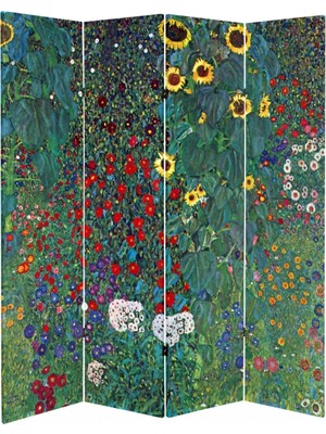 MonoStella Stellastore Gustav Klimt Çiftlik Bahçe Ayçiçeği 4 Kanatlı Oda Bölücü Çift Taraflı Kanvas Paravan