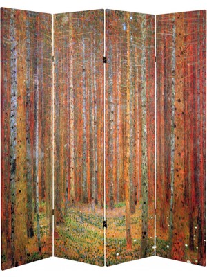 MonoStella Gustav Klimt Köknar Ağacı 4 Kanatlı Oda Bölücü Çift Taraflı Kanvas Paravan