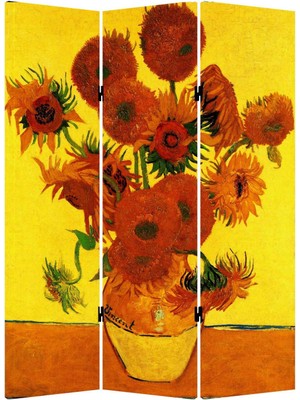 MonoStella Vincent Van Gogh Çiçek 3 Kanatlı Oda Bölücü Çift Taraflı Kanvas Paravan