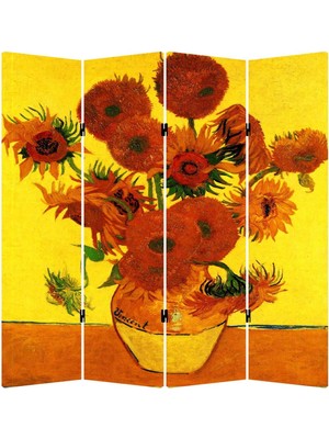 MonoStella Vincent Van Gogh Çiçek 4 Kanatlı Oda Bölücü Çift Taraflı Kanvas Paravan
