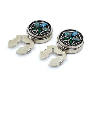 Kravatkolik Gümüş Renk Yeşil Mavi Taşlı Geçmeli Kol Düğmesi GC70
