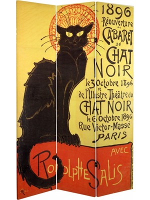 MonoStella Theophile Steinlen Siyah Kedi 3 Kanatlı Oda Bölücü Çift Taraflı Kanvas Paravan