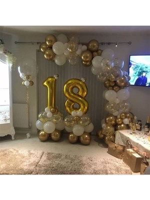 Bal10 Dünyası 18 Yaş Krom Gold Beyaz Şeffaf Konfetili Balon Seti