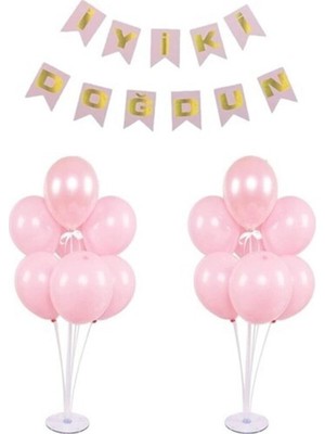 Bal10 Dünyası 2 Adet 7'li Balon Standı Pembe Makaron Balon ve Iyiki Doğdun Pembe Banner