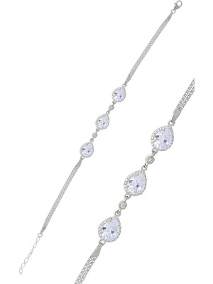 Sümer Telkari Damla Taşlı Pırlanta Montürlü Rodyumlu Gümüş Bileklik