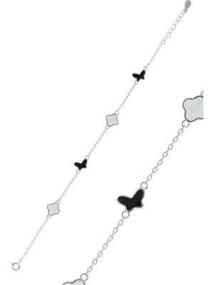 Sümer Telkari Yoncalı Kelebekli Mineli Rodyumlu Gümüş Bileklik