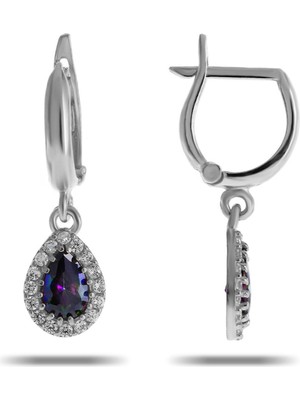 Sümer Telkari Mistik Topaz Taşlı Damla Mini Rodyumlu Gümüş Küpe