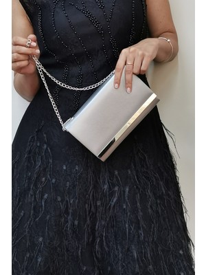 Nazart Kadın Kumaş Gümüş Abiye Clutch Portföy Kadın Gece Çantası
