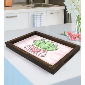 Bk Gift Kaktüs Tasarımlı Doğal Ahşap Tepsi-1