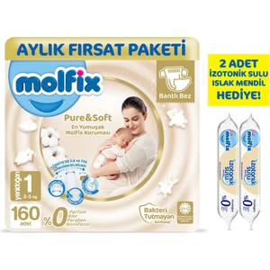 Pure and Soft Bebek Bezi Yeni Doğan 160 Adet + 2 Adet İzotonik Sulu Islak Mendil Yenidoğan Hediyeli