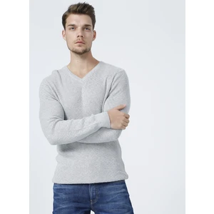 V Yaka Basic Gri Melanj ErkekKazak - BUTTON-Y