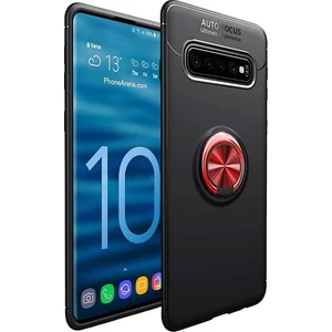 Samsung Galaxy S10 Plus Yüzüklü Manyetik Ravel Kılıf Nano Ekran Koruyucu Full Setsiyah Kırmızı