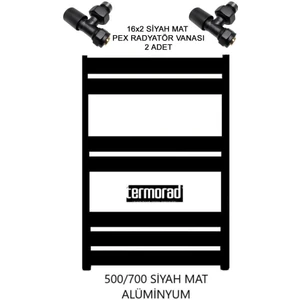 Mat Siyah Alüminyum Havlupan 50*70 cm Termorad Petsa Slim +2 Adet 16X2 Pex Radyatör Havlupan Vanası Siyah Mat 1/2'