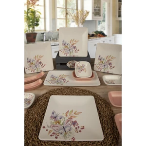 15 Parça 6 Kişilik Kahvaltı Takım Kare Bahar Çiçekli Mat Pembe