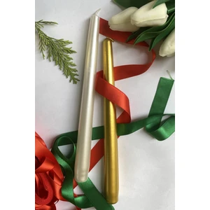 Sanat Sepet İşleri Premium Yılbaşı Özel Beyaz Gold Renk Sedefli Kokulu Konik Şamdan Mum 2'li Set