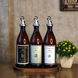 Oval Ahşap Stantlı Amber Zeytinyağı Sıvıyağ Sirke Şişesi Yağlık Yağdanlık 3lü Set UZCOLR500ML