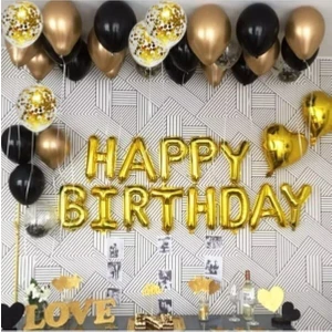 Bal10 Dünyası Happy Birthday Gold Folyo Harf Balon Gold Krom Balon Pastel Siyah Balon Şeffaf Konfetili Balon Seti