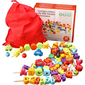 75PCS Ahşap Boncuklu Ip Oyunu Çocuk Eğitici Oyuncaklar (Yurt Dışından)