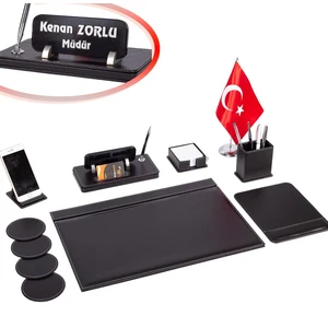 İsimlik Sepeti İsme Özel Deri Sümen Takımı 8 Parça Türk Bayraklı Şık Masa Düzeni İçin