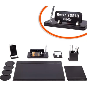 İsimlik Sepeti İsme Özel Deri Sümen Takımı 7 Parça Siyah Renk 35 cm x 50 cm Şık Masa Düzeni