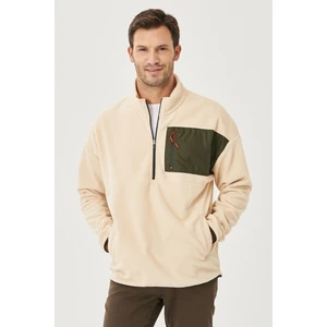 Altınyıldız Classics Erkek Bej Oversize Bol Kesim Dik Bato Yaka Cep Detaylı Fermuarlı Soğuk Geçirmez Polar Sweatshirt