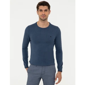 Pierre Cardin Erkek İndigo Melanj Slim Fit Bisiklet Yaka Basic Triko Kazak 50248582-VR155