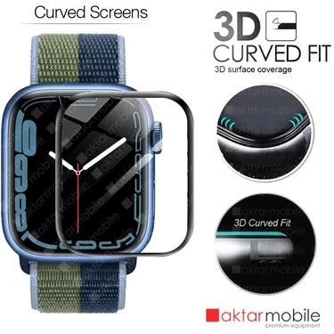 AktarMobile Apple Watch 7 45 mm Uyumlu Ekran Koruyucu 3D Tam Kapatan Kavisli Ppma Nano Cam Tam