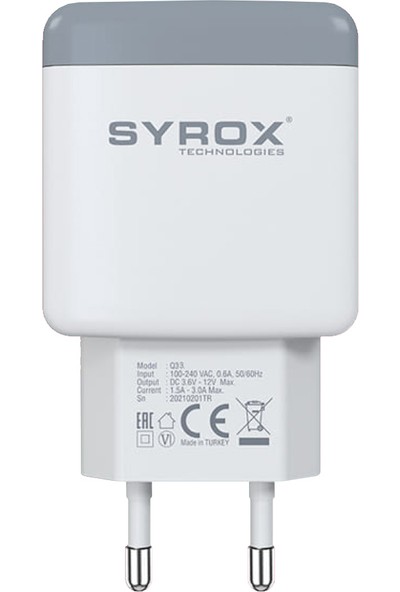 Syrox Q33 Hızlı USB Duvar Şarj Adaptörü (Başlık) 3.0A 18W - Beyaz
