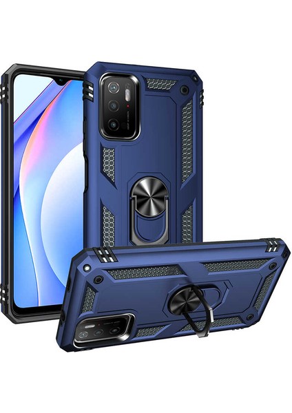 Xiaomi Poco M3 Kapak Military Yüzüklü Stantlı Panzer Tank Kılıf - Lacivert