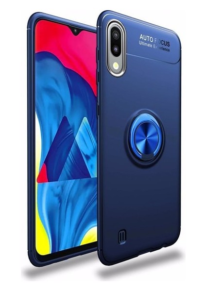 Samsung Galaxy M10 Yüzüklü Manyetik Ravel Kılıf Nano Ekran Koruyucu Full Setmavi