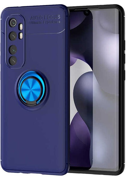 Xiaomi Mi Note 10 Lite Yüzüklü Manyetik Ravel Kılıf Nano Ekran Koruyucu Full Setmavi