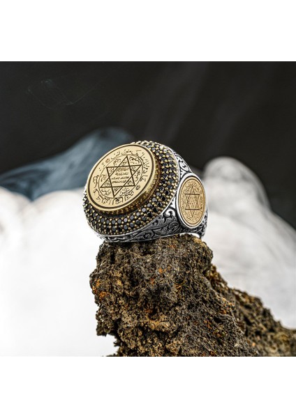 Süleyman Mührü Zirkon Taş Işlemeli Davud Yıldızı Gümüş Erkek Yüzük