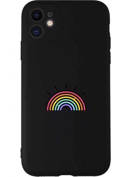 iPhone 11 Uyumlu Gökkuşağı Desenli Kamera Korumalı Lansman Kılıf Premium Silikonlu Siyah